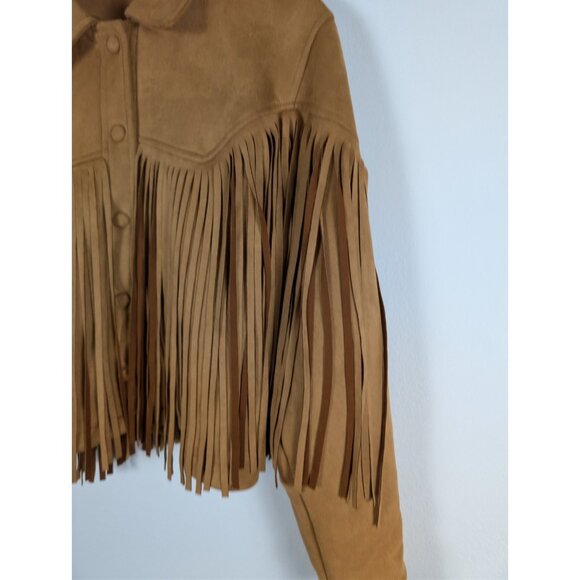 Nasty Gal Women's Camel Tan Fringe Faux Suede Jacket Western Cowgirl Size Small - Picture 3 of 16